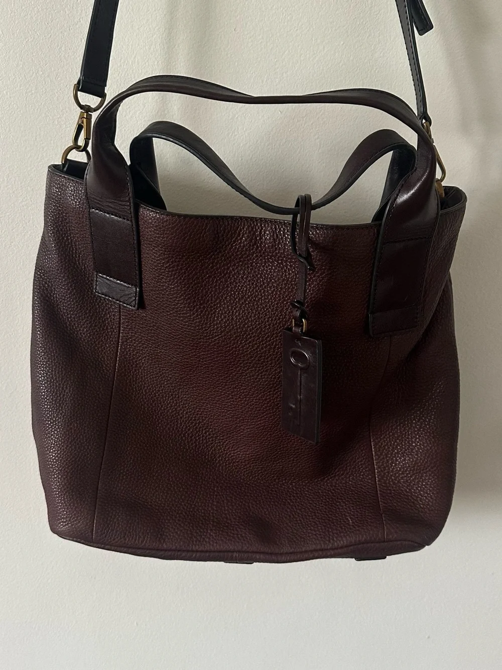 Fossil Patchwork Leather Tote — Burgundy, Navy & Brown